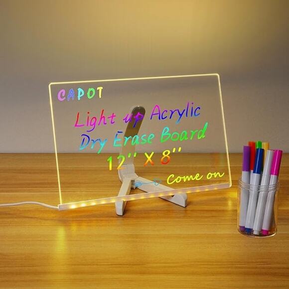 Led Light Up Acrylic Dry Erase Note Board, Drawing, Adjustable Stand, 7 Pens New - Picture 1 of 8
